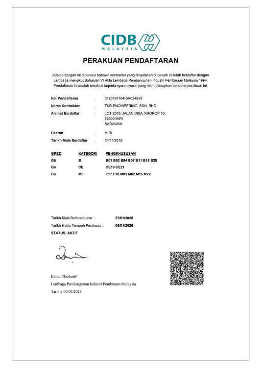 Registered contractor with CIDB, certifying compliance with construction industry standards.