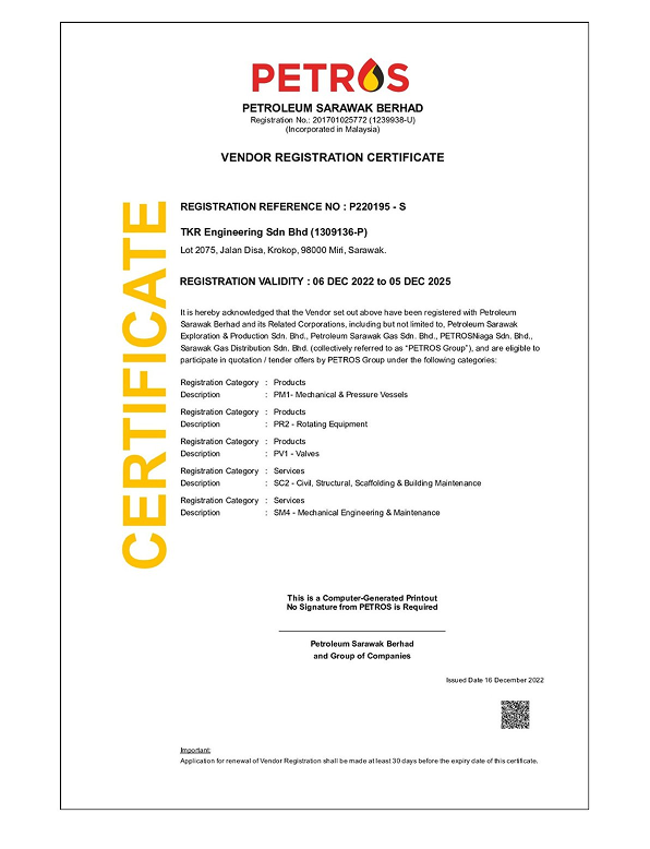 Certified vendor by Petroleum Sarawak Berhad for various oil and gas services.