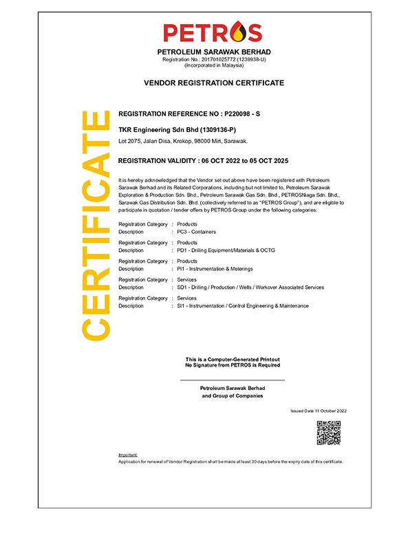 Certified vendor by Petroleum Sarawak Berhad for various oil and gas services.